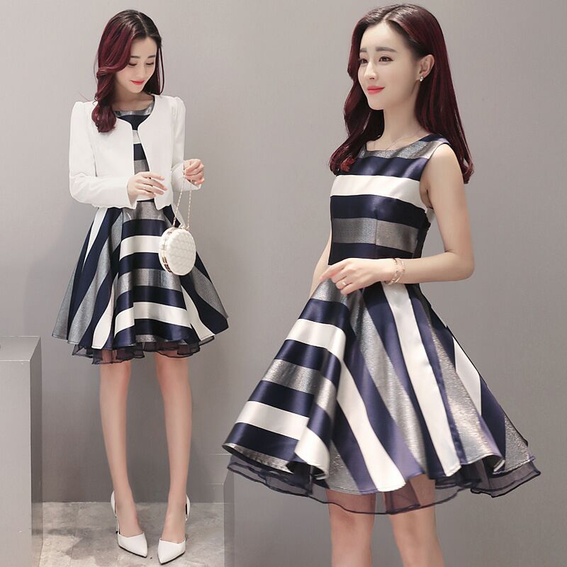 --春季韩版新款名媛连衣裙女 时尚条纹裙子套装